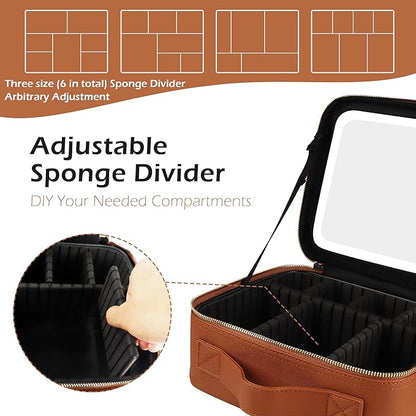 MOMIRA Travel Makeup Bag Cosmetic Bag Makeup Organizer Bag with Lighted Mirror, Adjustable Brightness in 3 Color Scenarios, Waterproof Makeup Train Case, Gift for Women - Tangerine Brown