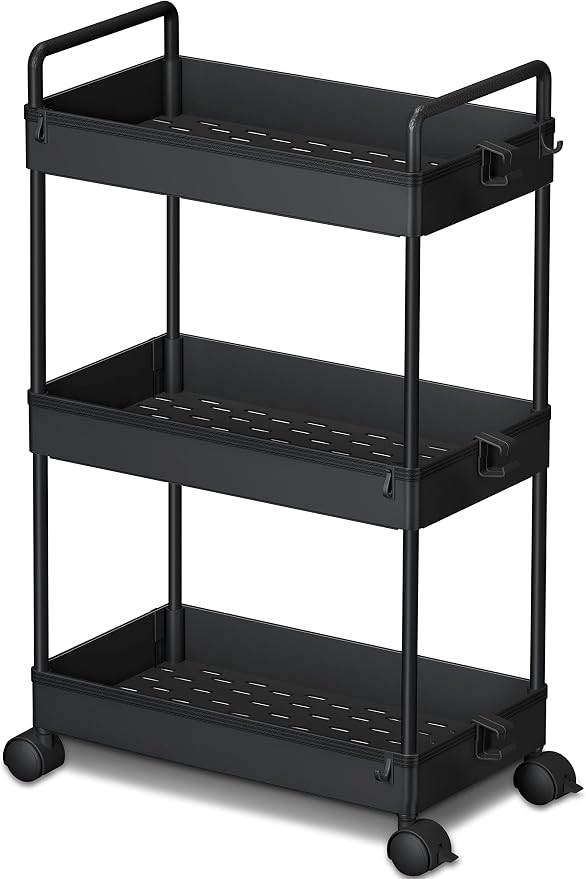 Ronlap 3 Tier Slim Rolling Storage Cart with Wheels Plastic Utility Cart Organizer for Snack Craft Art Postpartum Baby Diaper Nail Makeup in Bathroom Laundry Room Kitchen Bedside Narrow Space, Black