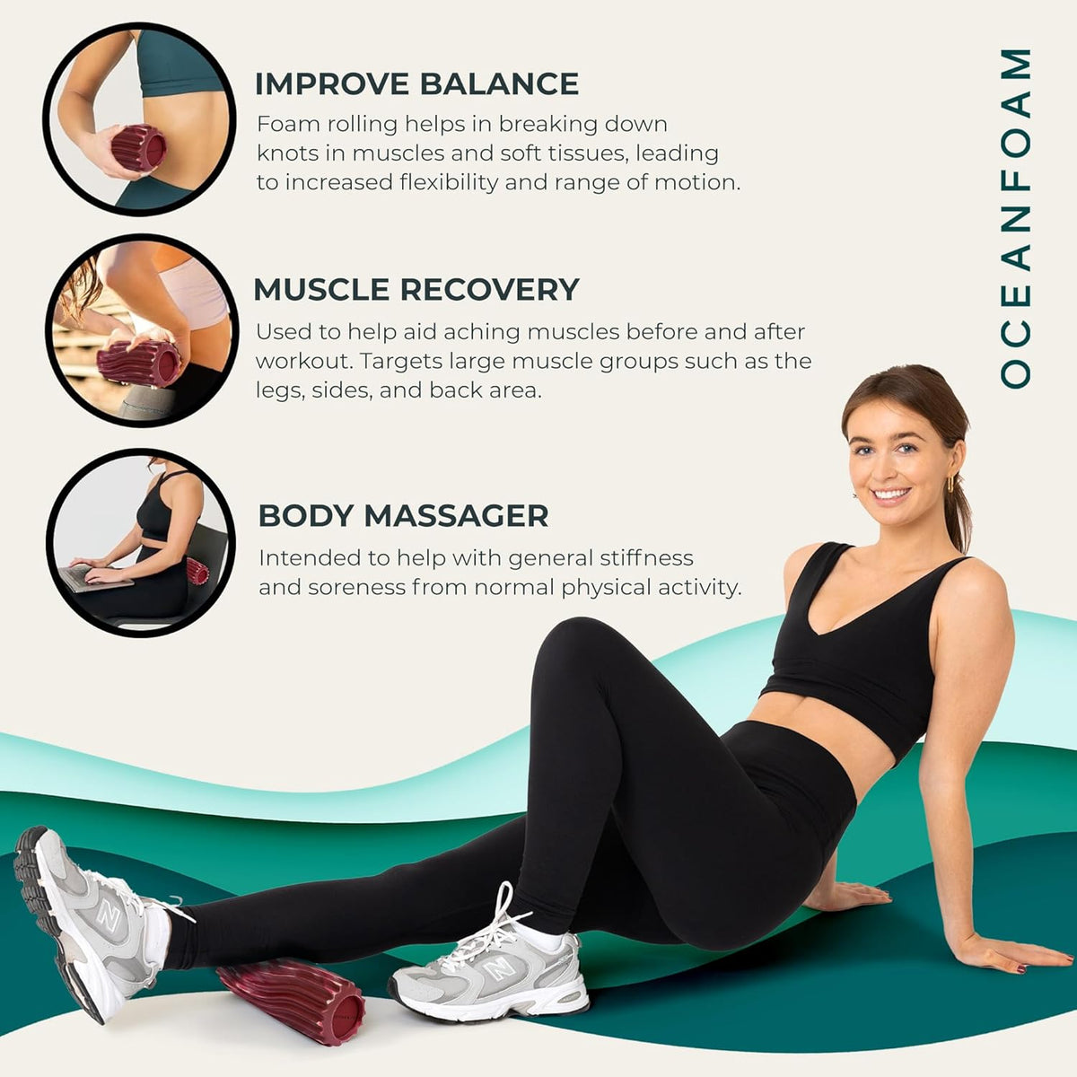 Oceanfoam Ripple Travel Foam Roller (11" x 3.35") Firm Mini Foam Roller for Physical Therapy, Deep Tissue Massage, Back Pain - High Density, Wave Textured - Yoga (Maroon, Blush & Hot Pink Marbled)