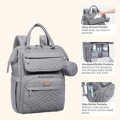 BabbleRoo Diaper Bag Backpack, Multifunction Large Bags with Changing Pad & Stroller Straps & Pacifier Case, Unisex Stylish Travel Back Pack Nappy Changing Bag for Moms Dads (gray)