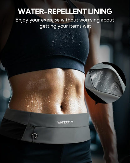 WATERFLY Running Belt Fanny Pack: Slim Waist Bag for Men Women, Workout Fitness Phone Holder for Exercise Marathon Jogging-Grey