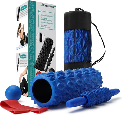 5 in 1 Foam Roller Set Trigger Point Foam Roller, Massage Roller Stick, Massage Ball, Stretching Strap for Deep Muscle Massage Pilates Yoga, Fitness Exercise for Whole Body (Blue Diamond)