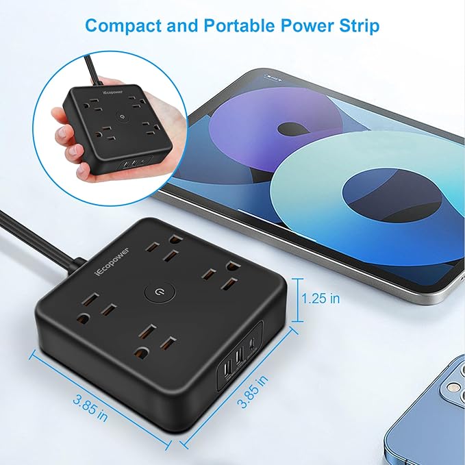 2 Pack Ultra Flat Plug Power Strip,Power Strips with Surge Protection-4 Widely Outlets,6 ft Flat Plug Extension Cord with 3 USB Ports(1 USB C Port),Slim Desk Charging Station,Black