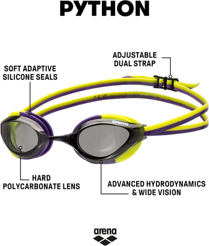 ARENA Unisex Python Racing Swim Goggles for Men and Women Anti-Fog No Leak Max Comfort Dual Strap, Mirror/Non-Mirror Lens