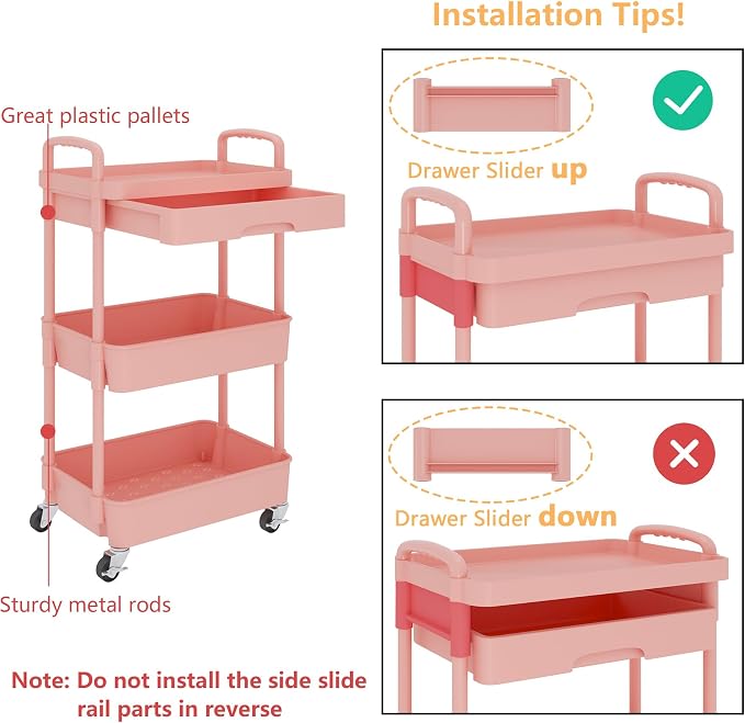 Calmootey 3-Tier Rolling Utility Cart with Drawer,Multifunctional Storage Organizer with Plastic Shelf & Metal Wheel,Storage Cart for Kitchen,Bathroom,Living Room,Office,Pink