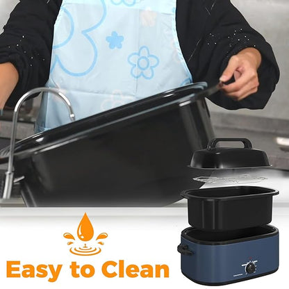 26Qt Turkey Roaster Oven Buffet with Self-Basting Lid, 1450W Electric Roaster Oven with Cool-Touch Handles, with Removable Pan and Rack, Blue