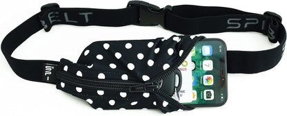 SPIbelt Running Belt for Women Men, Phone Holder for Running, Running Fanny Pack, Holder for Phone, Running Waist Pack, Adjustable Waist, [Fits All Phones]. Black White Polka Dot/Black Zipper