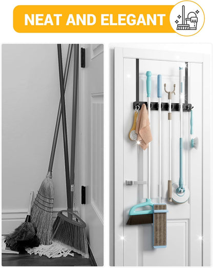 Lorbro Broom Holder Door Mount, Over the Door Broom and Mop Holder with 2 Over Door Hooks, Wood Broom Hanger, Tool Rack Organizer for Laundry, Garage, Closet, Kitchen Decor, 4 Slots & 4 Hooks Rustic