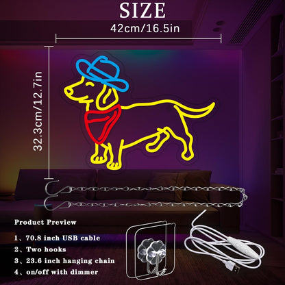 Dachshund Neon Sign for Wall Decor Cowboy Hat Neon Light Dog LED Neon Sign Colorful Neon Lights for Bedroom Zoo Pet Shop Decoration