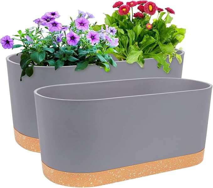 QCQHDU 16" L x 7.6" W x 7" H Window Planter Box, 2 Pack Self Watering Pots for Indoor Plants with Drainage Holes & Saucer, Outdoor Flower Pots Home Garden Modern Decor