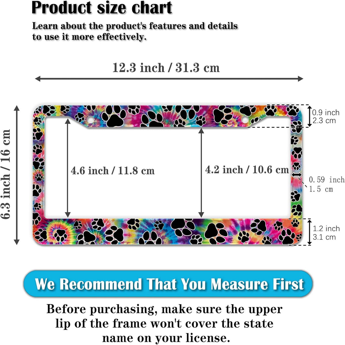 License Plate Cover for Men Multicolor License Plate Frames for Women Tie Dye Paw Print Aluminum Metal Car Accessory 2 Pack with Screw Covers Set