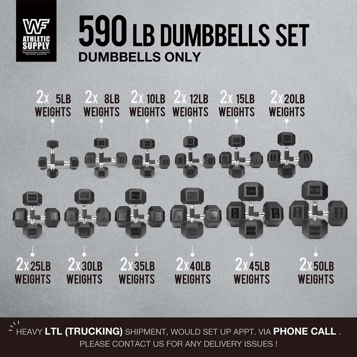 WF Athletic Supply Rubber Encased Hex Dumbbells with Rubber Grip Contoured Handle for Muscle Toning, Strength Building & Full Body Workout