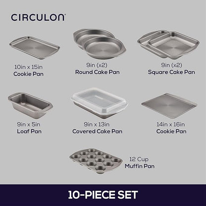 Circulon Total Nonstick Bakeware Set, Metal Baking Pans Set, 10-Piece, Gray