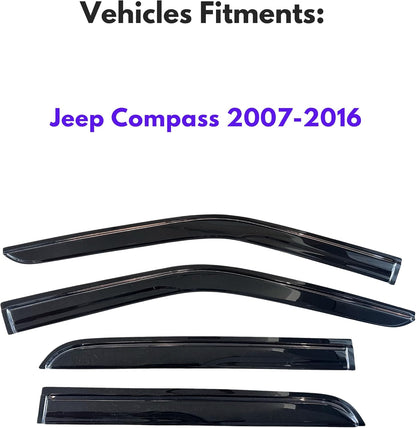 KPY Window Visor Compatible with Jeep Compass 2007-2016, 4PC Rain Guard Side Window Vent Deflectors Tape-On Mugen Style, 2007 2008 2009 2010 2011 2012 2013 2014 2015 2016