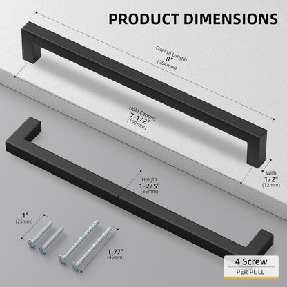 goldenwarm 45 Pack 7-1/2in Black Square Bar Cabinet Pull Drawer Handle Stainless Steel Modern Hardware for Kitchen and Bathroom Cabinets Cupboard,Center to Center 192mm Matte Black Drawer Pulls