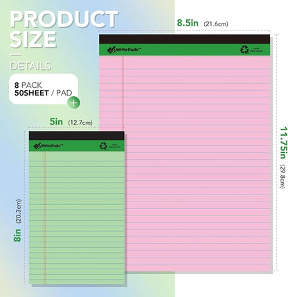 KAISA Colored Legal Pad 15lb Recycled Paper Writing Pad, 4pcs 5"x8" Narrow Ruled and 4pcs 8.5x11 inch Wide Ruled, 50 Sheets, Mixed 8pads, KSU-7358