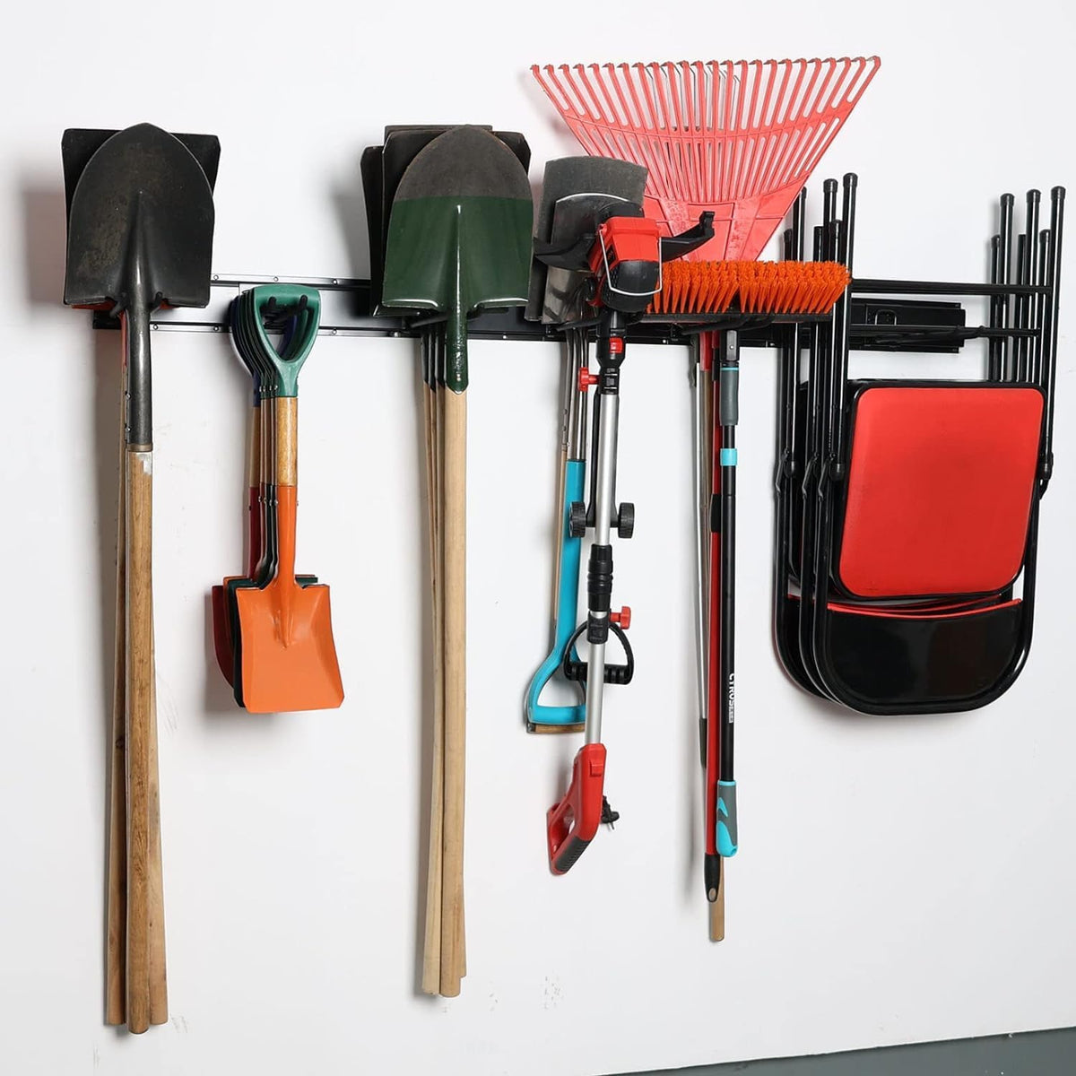 Wallmaster Garage Storage Organization Wall Mount, Garden Tool Rack Organizer Heavy Duty Folding Chair Hangers with 12 Adjustable Hooks 96inch Tracks Max Load 900lb