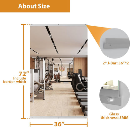 ROOMTEC Workout Mirrors for Home Gym 72"x36", Large Wall Mirror Full Length for Fitness, Yoga, Big Wall Mounted Frameless Glass Mirror for Garage, Dance Studio, Bedroom