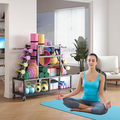 Dumbbell Rack Weight Rack Storage-Large Dumbbells Rack Home Gym Storage,Multilevel Workout Storage Organizer with Wheels and Barbell Holder,Perfect for Yoga Mat Balls Kettlebells and Fitness Gear,black