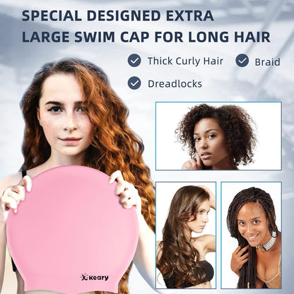 Keary Extra Large Swim Cap for Braids and Dreadlocks Extensions Weaves Long Hair, Waterproof Silicone Cover Ear Bath Pool Shower Swimming Cap for Adult Youth to Keep Hair Dry, Easy to Put On and Off
