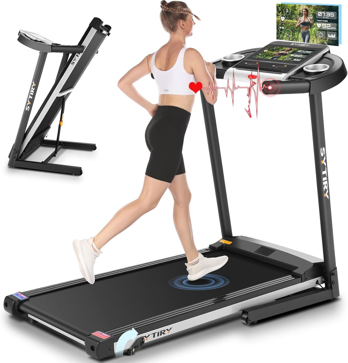 SYTIRY Incline Treadmills for Home with TV Screen and WiFi, 3.25HP Smart Walking Pad Treadmill with Incline, Heavy Duty Foldable Electric Running Machine with 10” Touchscreen, 3D Virtual Sports Scenes