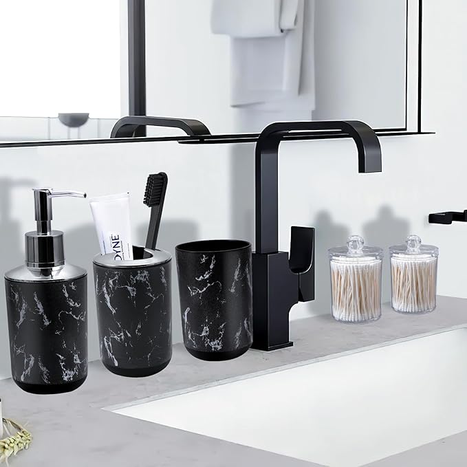 Black Marble Bathroom Accessories Set, Black Bathroom Set with Trash Can, Vanity Tray, Soap Dispenser, Soap Dish, Toothbrush Holder, Toothbrush Cup, Toilet Brush and Qtip Holders for Bathroom