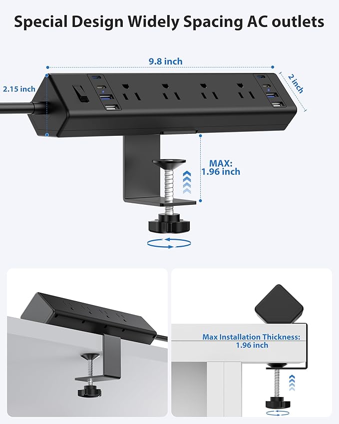 40W Fast Charging Station,Desk Clamp Power Strip 20W USB C,8 Outlets,8 USB Ports,4 USB C and 4 USB A, Office Furniture Surge Protector, 14AWG Cord, Fits 1.9" Tabletop Edge (Black, 10FT Length)