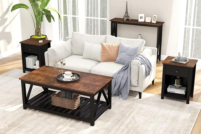 ChooChoo Black Coffee Table, Rustic Vintage Table with Shelf for Living Room, 40 Inch