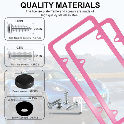 LivTee 4 Holes Stainless Steel License Plate Frames, 2 PCS Car Licence Plate Covers, Automotive Exterior Accessories Slim Design with Bolts Washer Caps for US Vehicles, Pink