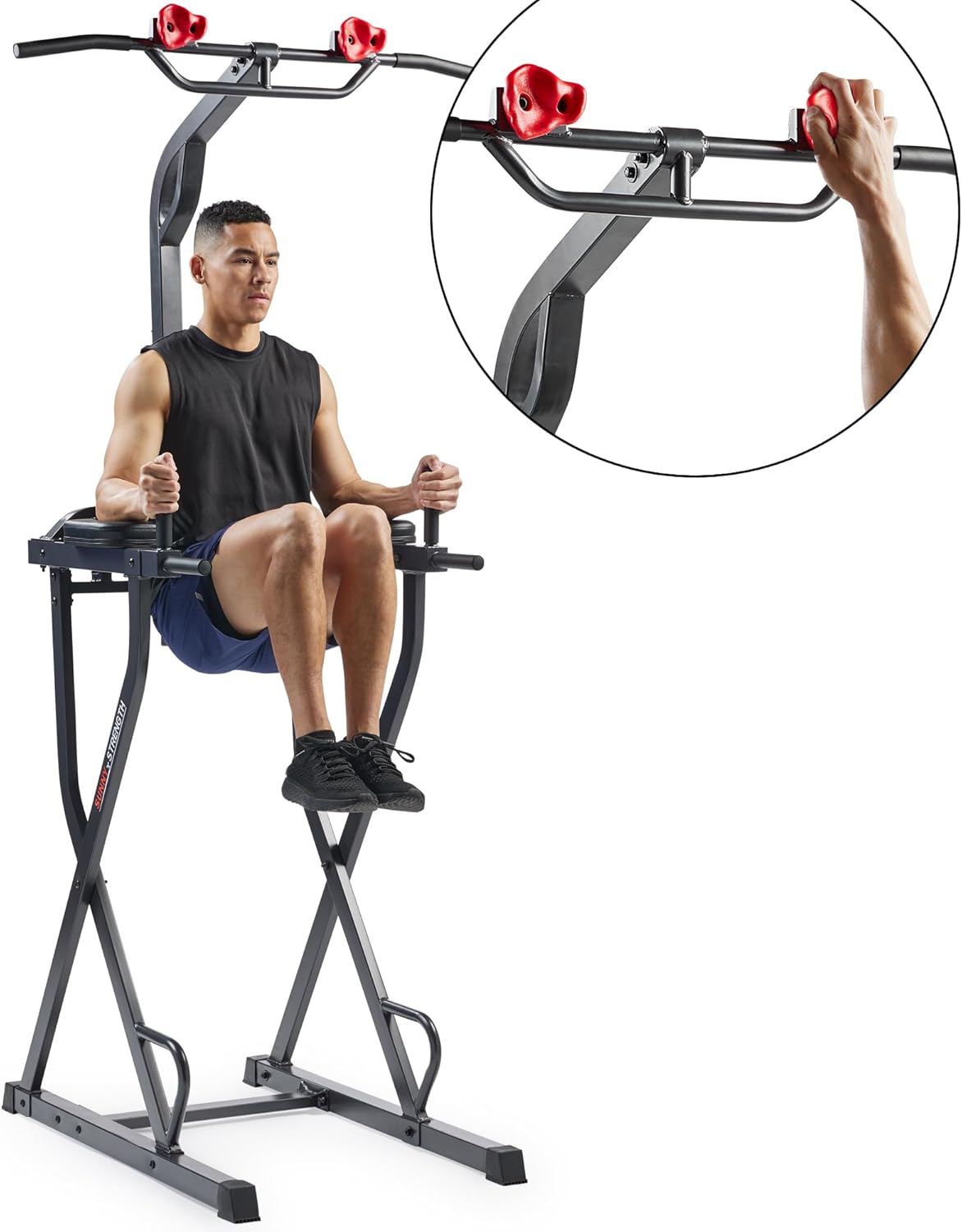 Sunny Health & Fitness Power Tower, Dip Bar, Push-Up & Pull Up Assisting Parallette Station w Optional Rock Climbing Grip Trainer