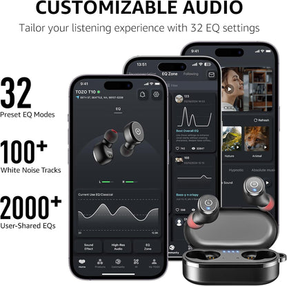 TOZO T10 Wireless Earbuds Bluetooth 5.3 Headphones, App Customize EQ, Ergonomic Design, 55H Playtime, Wireless Charging Case, IPX8 Waterproof Sound in-Ear Headset, 2025 New Version