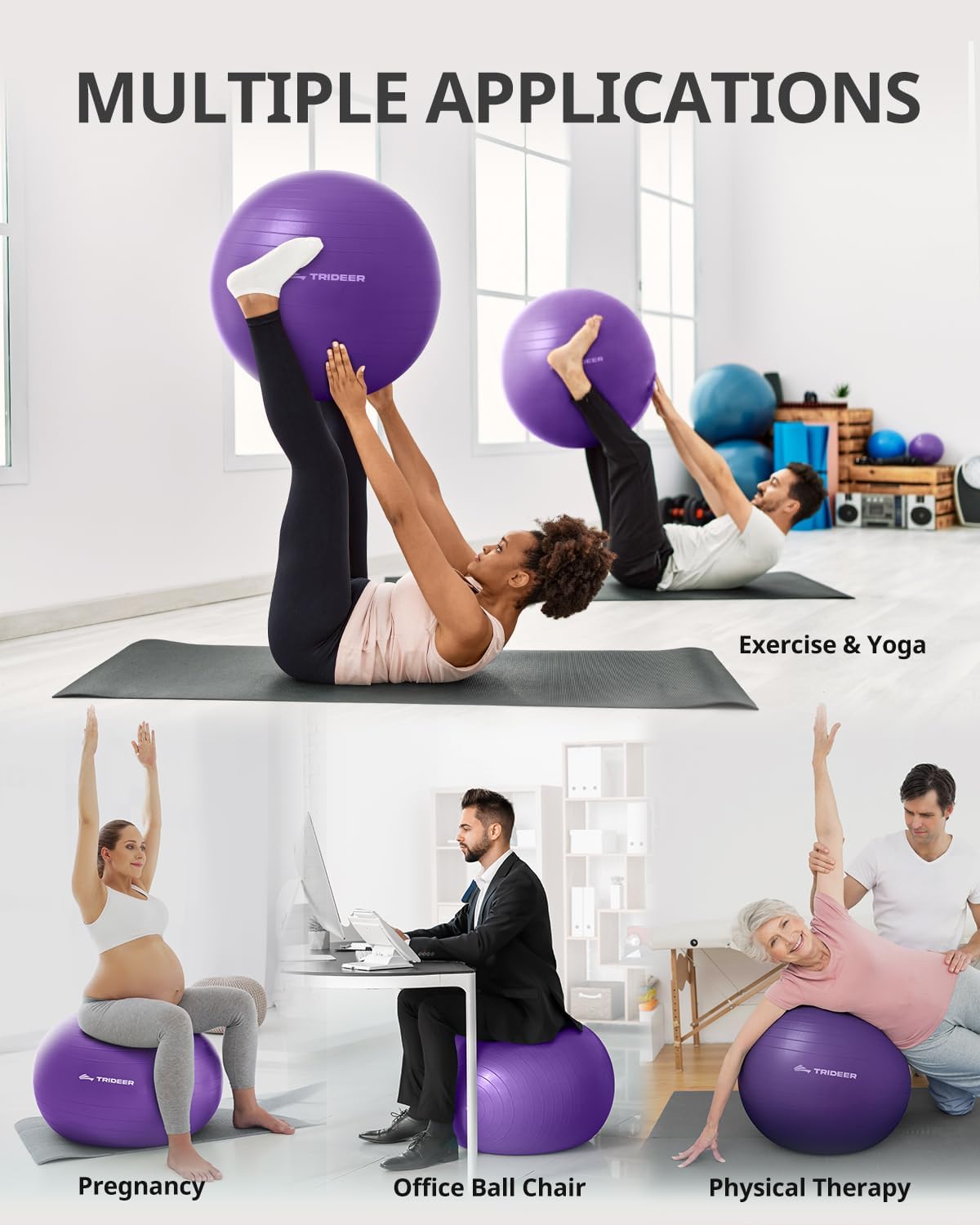Trideer Extra Thick Yoga Ball Exercise Ball, 5 Sizes Gym Ball, Heavy Duty Ball Chair for Balance, Stability, Pregnancy, Quick Pump Included