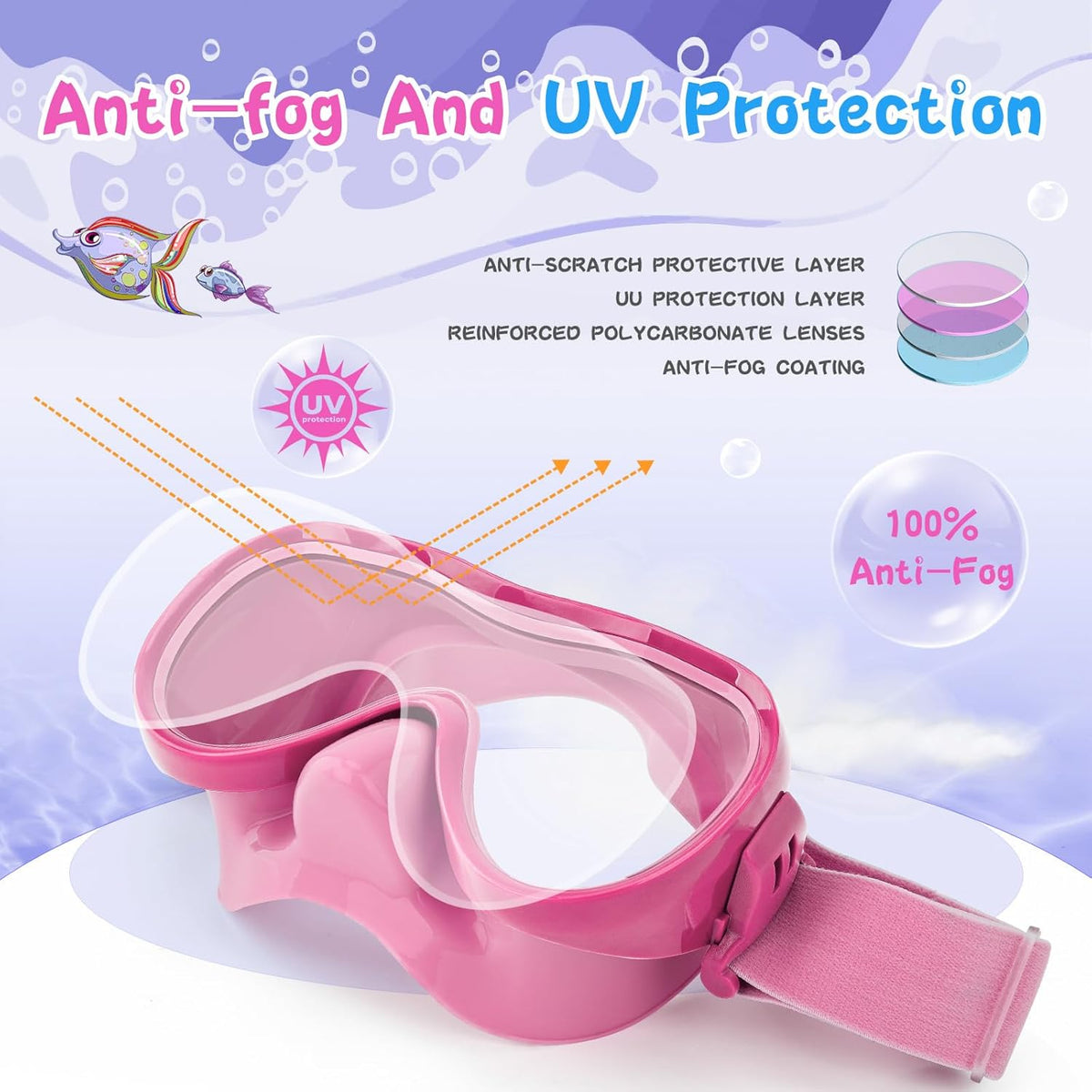 Kids Swim Goggles with Nose Cover, Anti-Leak Swim Mask with Elastic Fabric Strap, UV Protection Swimming Goggles for Kids