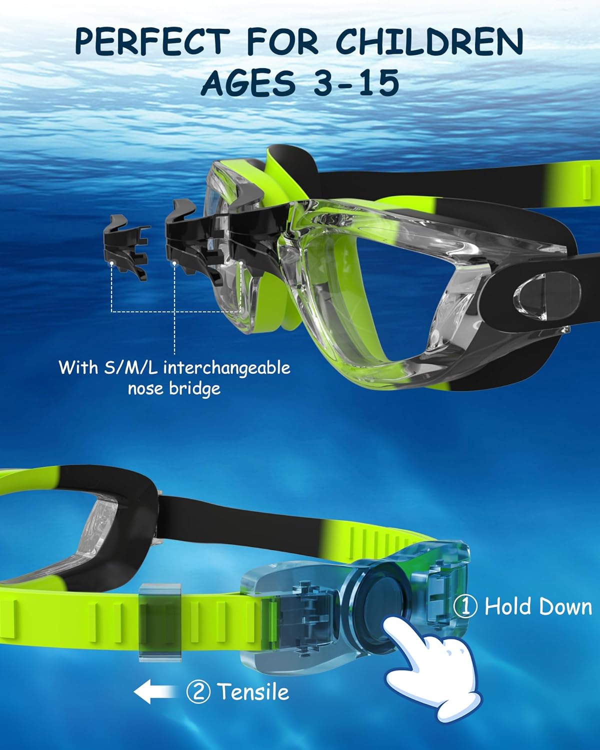 Kids Swim Goggles, Swimming Goggles for Kids Toddlers 3-14 with Swim Cap, Nose Clip, Nose Bridge, Ear Plugs