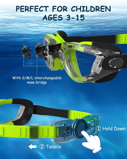 Kids Swim Goggles, Swimming Goggles for Kids Toddlers 3-14 with Swim Cap, Nose Clip, Nose Bridge, Ear Plugs