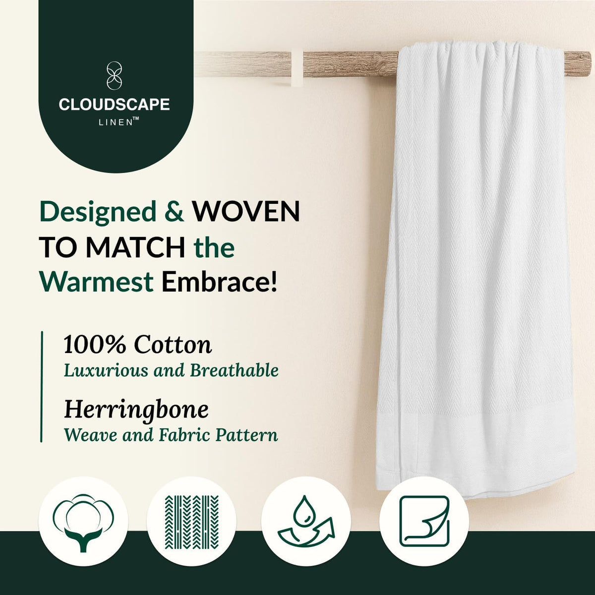 Herringbone Cotton Twin Blanket for Couch, Bed,Sofa, Home Decor, Soft, Lightweight, All-Season Bed Blanket, 68 x92, White