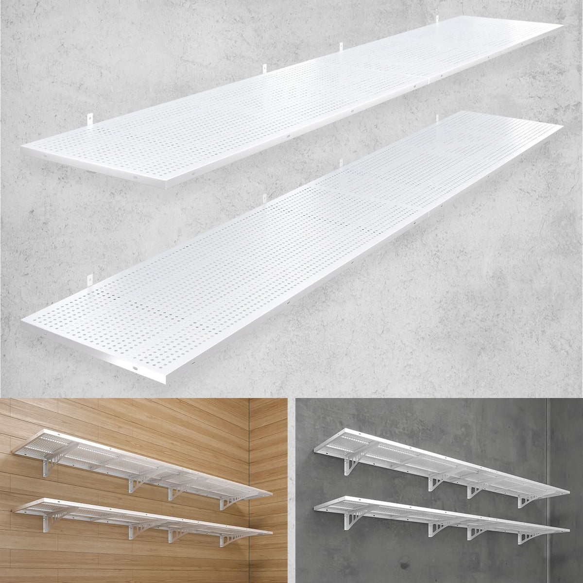 4-Pack 1.5x4ft Heavy Duty Garage Wall Shelving, 1000 lbs Load Capacity, Garage Storage Rack with Hooks, White
