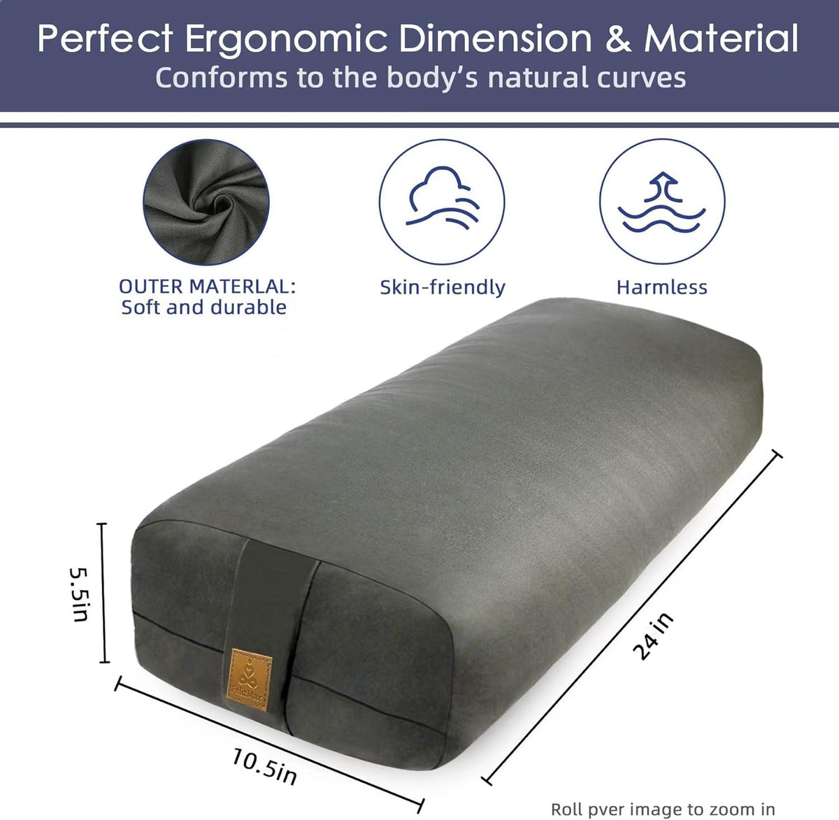 Organic Buckwheat Bolster (24X10.5X5.5 in) Supportive Rectangular Meditation Pillow 100% Cotton Cover Yoga Pillow
