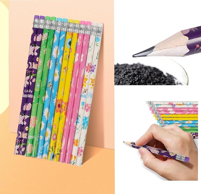 24pcs Flowers Pencils with Eraser Wood Pencils Bulk (Flowers, 24)
