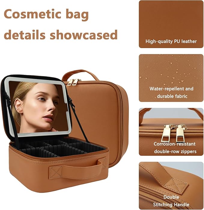 Travel Makeup Bag for Women and Makeup Artists Cosmetic Organizer Large Makeup Case,Travel Makeup Bag with Mirror 3 Color Setting,Portable Storage and Adjustable Dividers(CARAMEL COLOR)