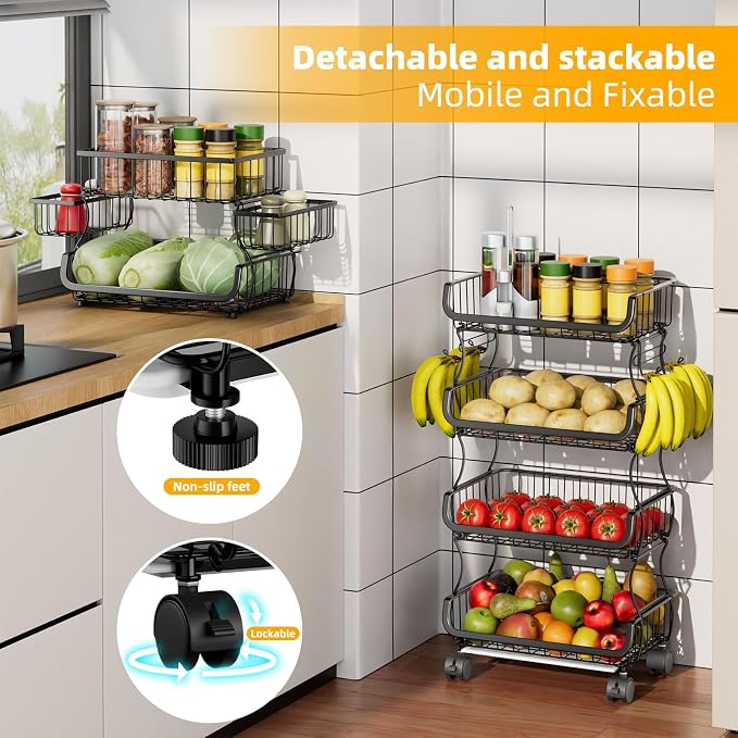 Simple Trending 6 Tier Rolling Cart, Stackable Fruit Vegetable Basket with Wheels and 2 Hanging Basket, Kitchen Storage Metal Wire Basket Stand for Vegetable Bread Snacks, Black