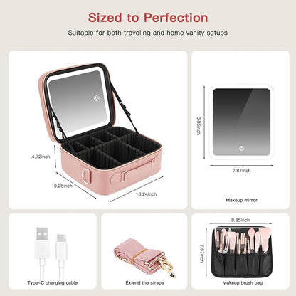 Travel Makeup Bag with LED Mirror, Cosmetic Bags for Women with Light up Mirror, Travel Essentials Makeup Organizer, Makeup Case with Adjustable Dividers and Brush Holder, 3 Color Lights
