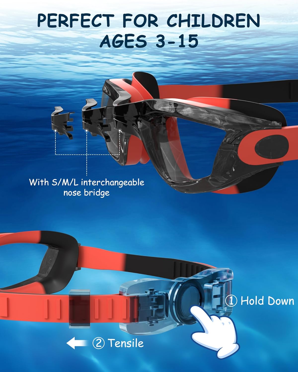 Kids Swim Goggles, Swimming Goggles for Kids Toddlers 3-14 with Swim Cap, Nose Clip, Nose Bridge, Ear Plugs