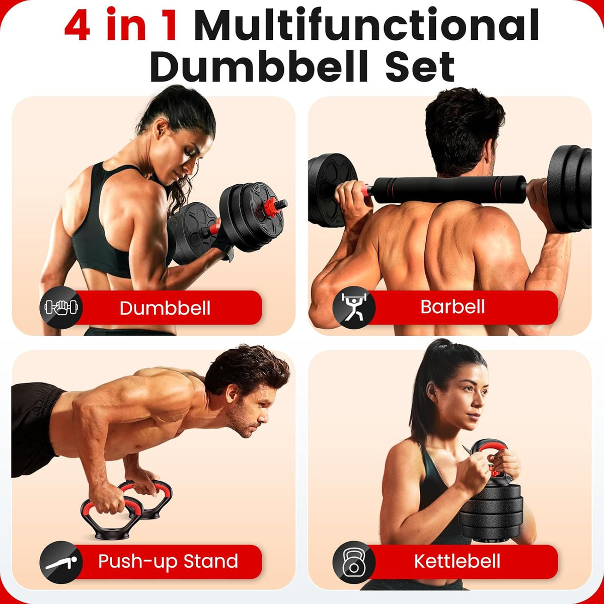 Adjustable Dumbbell Set, 20/33/45/70/90lbs Free Weight Set with Connector, 4 in1 Dumbbells Set Used as Barbell, Kettlebells, Push up Stand, Weight Set for Home Gym Suitable Men/Women