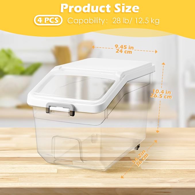 Sunnyray 4 Pcs Rice Storage Container 28 lb Airtight Flour Container with Wheels Measuring Cup Clear Pet Food Cube Dog Birds Cat Food Bin Grain Cereal Organizer Box for Dry Baking Supplies(White Lid)