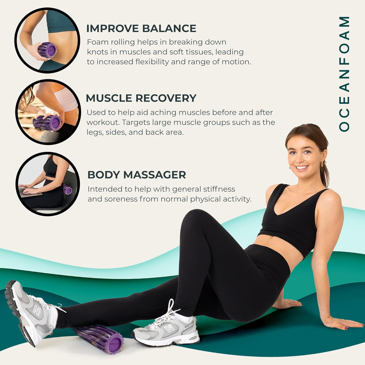 Oceanfoam Ripple Travel Foam Roller (11" x 3.35") Firm Mini Foam Roller for Physical Therapy, Deep Tissue Massage, Back Pain - High Density, Wave Textured - Yoga (Purple, Gold & Natural Marbled)