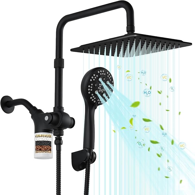 VXV 10 inch Filtered Shower Head,7 Settings High Pressure Dual Shower Heads with Handheld Spray Combo,3-Way Rain Shower Head with Filters,71''Shower Hose,Height Adjustable(Matte Black)