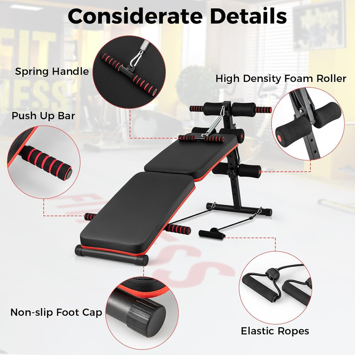 GYMAX Sit Up Bench, 330lbs Folding Decline Workout Bench with Spring Handle, Elastic Ropes & 4 Level Adjustable Height, Incline Weight Bench for Situp, Ab Crunch, Strength Training Exercise for Home Gym