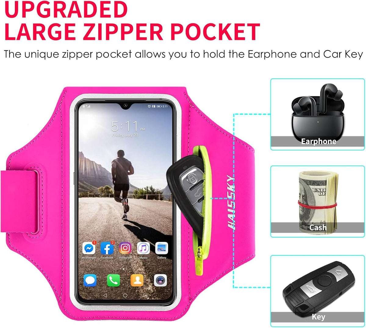 Running Armband with Earphone Bag Cell Phone Armband for iPhone 16 15 Pro 14 Plus 13 11 XR XS, Galaxy S24/S10 Water Resistant Sports Phone Holder Case & Zipper Slot Car Key Holder for 6.7 inch Phone