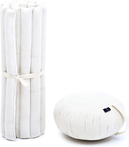 Leewadee Meditation Cushion Set – 1 Round Zafu Meditation Pillow and 1 Square Roll-Up Zabuton Meditation Mat, Pillows Bundle Filled with Kapok
